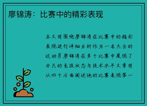 廖锦涛：比赛中的精彩表现